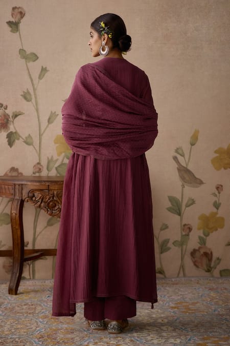 Shop Kritika Dawar Wine Chanderi, Cotton Embroidery, Lace V-neck Hand Yoke Kurta Set at Aza Fashions Shop_Kritika Dawar_Wine Chanderi, Cotton Embroidery, Lace V-neck Hand Yoke Kurta Set _at_Aza_Fashions