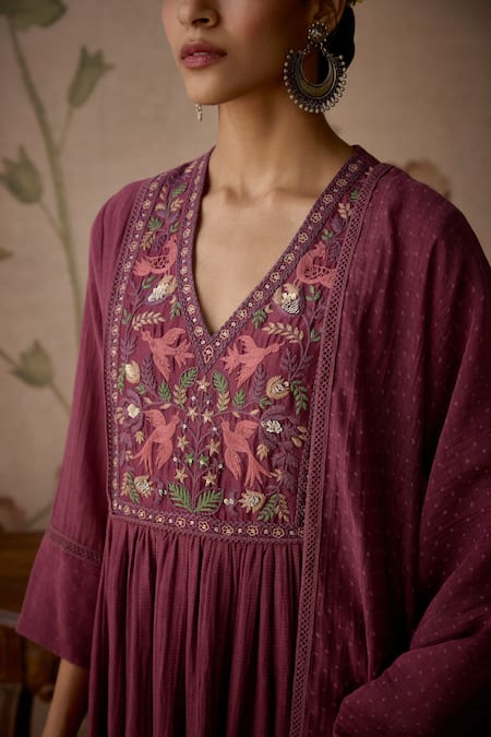 Shop Kritika Dawar Wine Chanderi, Cotton Embroidery, Lace V-neck Hand Yoke Kurta Set Online at Aza Fashions Shop_Kritika Dawar_Wine Chanderi, Cotton Embroidery, Lace V-neck Hand Yoke Kurta Set _Online_at_Aza_Fashions