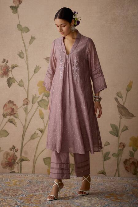 Buy Kritika Dawar Purple Chanderi, Cotton Lace, Embroidery Bandeau Neck Choga Kurta And Pant Set Online at Aza Fashions Buy_Kritika Dawar_Purple Chanderi, Cotton Lace, Embroidery Bandeau Neck Choga Kurta And Pant Set _Online_at_Aza_Fashions