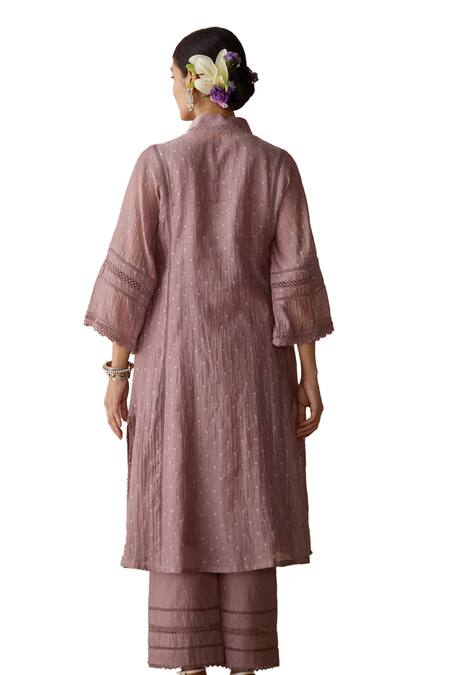 Shop Kritika Dawar Purple Chanderi, Cotton Lace, Embroidery Bandeau Neck Choga Kurta And Pant Set Online at Aza Fashions Shop_Kritika Dawar_Purple Chanderi, Cotton Lace, Embroidery Bandeau Neck Choga Kurta And Pant Set _Online_at_Aza_Fashions