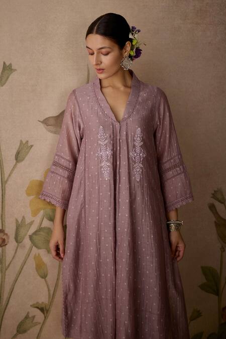 Kritika Dawar Purple Chanderi, Cotton Lace, Embroidery Bandeau Neck Choga Kurta And Pant Set at Aza Fashions Kritika Dawar_Purple Chanderi, Cotton Lace, Embroidery Bandeau Neck Choga Kurta And Pant Set _at_Aza_Fashions