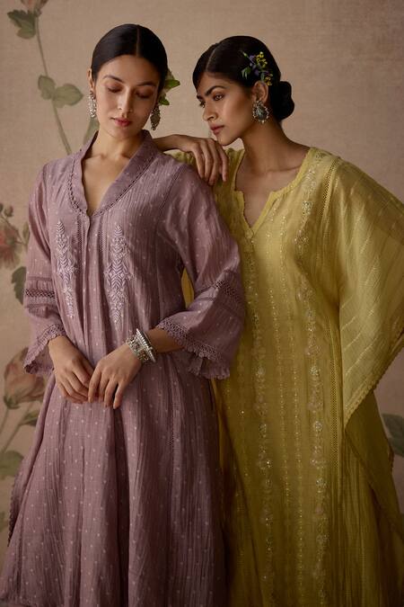 Shop Kritika Dawar Purple Chanderi, Cotton Lace, Embroidery Bandeau Neck Choga Kurta And Pant Set Shop_Kritika Dawar_Purple Chanderi, Cotton Lace, Embroidery Bandeau Neck Choga Kurta And Pant Set