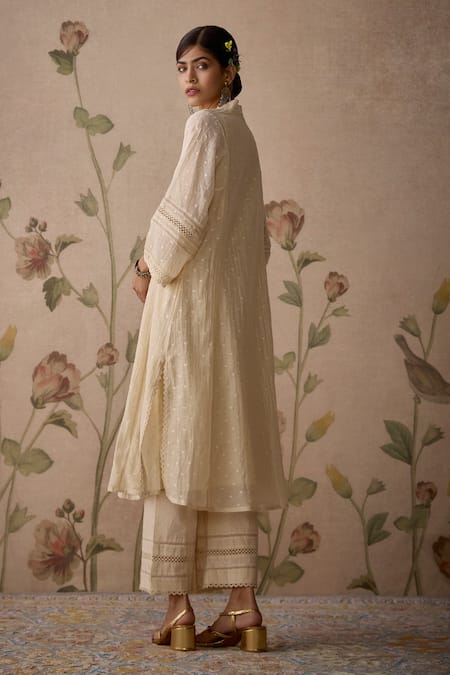 Shop Kritika Dawar Ivory Chanderi, Cotton Lace, Embroidery Choga Kurta With Pant at Aza Fashions Shop_Kritika Dawar_Ivory Chanderi, Cotton Lace, Embroidery Choga Kurta With Pant _at_Aza_Fashions