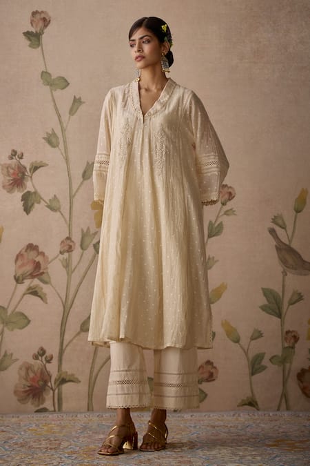 Buy Kritika Dawar Ivory Chanderi, Cotton Lace, Embroidery Choga Kurta With Pant Online at Aza Fashions Buy_Kritika Dawar_Ivory Chanderi, Cotton Lace, Embroidery Choga Kurta With Pant _Online_at_Aza_Fashions