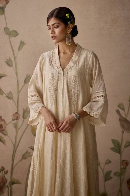 Shop Kritika Dawar Ivory Chanderi, Cotton Lace, Embroidery Choga Kurta With Pant Online at Aza Fashions Shop_Kritika Dawar_Ivory Chanderi, Cotton Lace, Embroidery Choga Kurta With Pant _Online_at_Aza_Fashions