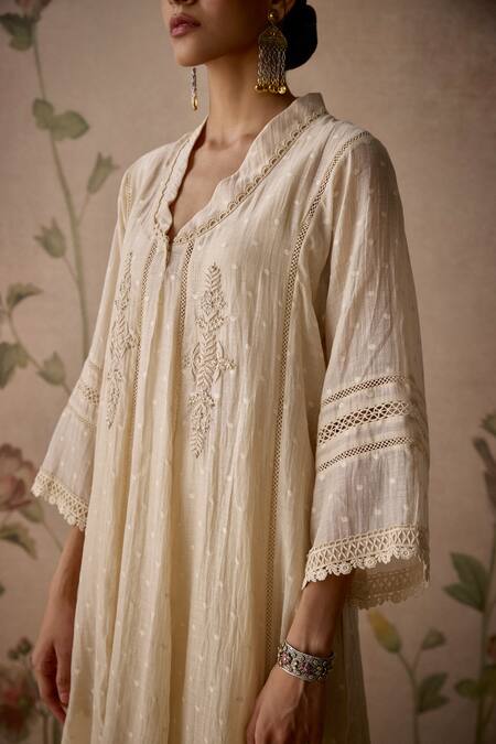 Kritika Dawar Ivory Chanderi, Cotton Lace, Embroidery Choga Kurta With Pant at Aza Fashions Kritika Dawar_Ivory Chanderi, Cotton Lace, Embroidery Choga Kurta With Pant _at_Aza_Fashions