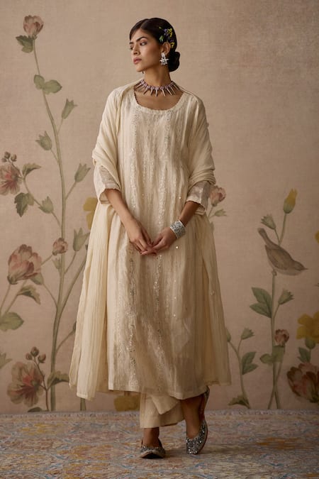 Buy Kritika Dawar Ivory Chanderi, Cotton Embroidery, Sequins Round Floral Panelled Kurta Set Online at Aza Fashions Buy_Kritika Dawar_Ivory Chanderi, Cotton Embroidery, Sequins Round Floral Panelled Kurta Set _Online_at_Aza_Fashions