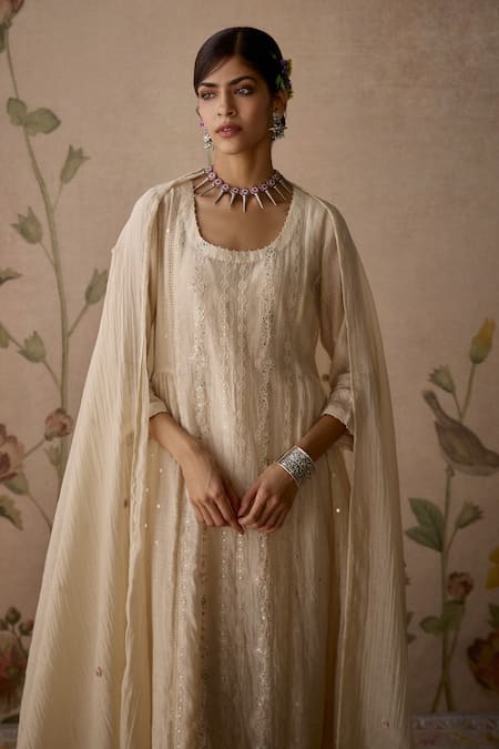 Shop Kritika Dawar Ivory Chanderi, Cotton Embroidery, Sequins Round Floral Panelled Kurta Set Online at Aza Fashions Shop_Kritika Dawar_Ivory Chanderi, Cotton Embroidery, Sequins Round Floral Panelled Kurta Set _Online_at_Aza_Fashions