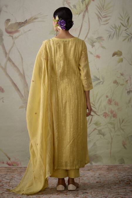 Kritika Dawar Yellow Chanderi, Cotton Sequins, Embroidery Square Floral Panelled Kurta Set Online at Aza Fashions Kritika Dawar_Yellow Chanderi, Cotton Sequins, Embroidery Square Floral Panelled Kurta Set _Online_at_Aza_Fashions