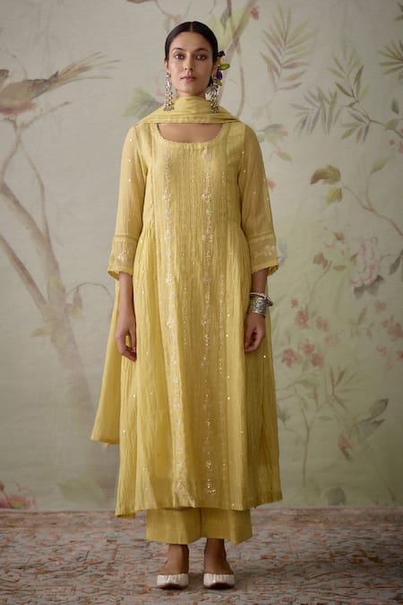 Buy Kritika Dawar Yellow Chanderi, Cotton Sequins, Embroidery Square Floral Panelled Kurta Set Online at Aza Fashions Buy_Kritika Dawar_Yellow Chanderi, Cotton Sequins, Embroidery Square Floral Panelled Kurta Set _Online_at_Aza_Fashions
