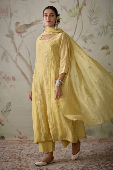 Shop Kritika Dawar Yellow Chanderi, Cotton Sequins, Embroidery Square Floral Panelled Kurta Set Online at Aza Fashions Shop_Kritika Dawar_Yellow Chanderi, Cotton Sequins, Embroidery Square Floral Panelled Kurta Set _Online_at_Aza_Fashions