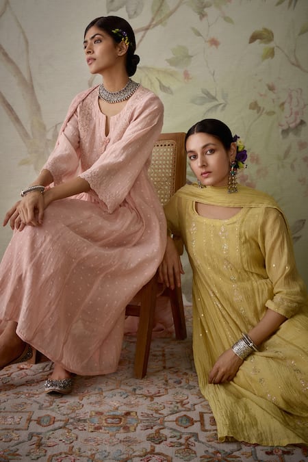 Shop Kritika Dawar Yellow Chanderi, Cotton Sequins, Embroidery Square Floral Panelled Kurta Set Shop_Kritika Dawar_Yellow Chanderi, Cotton Sequins, Embroidery Square Floral Panelled Kurta Set