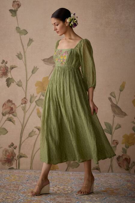 Buy Kritika Dawar Green Chanderi Embroidery Square Neck Floral Hand Yoke Tunic Online at Aza Fashions Buy_Kritika Dawar_Green Chanderi Embroidery Square Neck Floral Hand Yoke Tunic _Online_at_Aza_Fashions