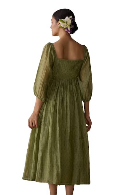 Shop Kritika Dawar Green Chanderi Embroidery Square Neck Floral Hand Yoke Tunic Online at Aza Fashions Shop_Kritika Dawar_Green Chanderi Embroidery Square Neck Floral Hand Yoke Tunic _Online_at_Aza_Fashions