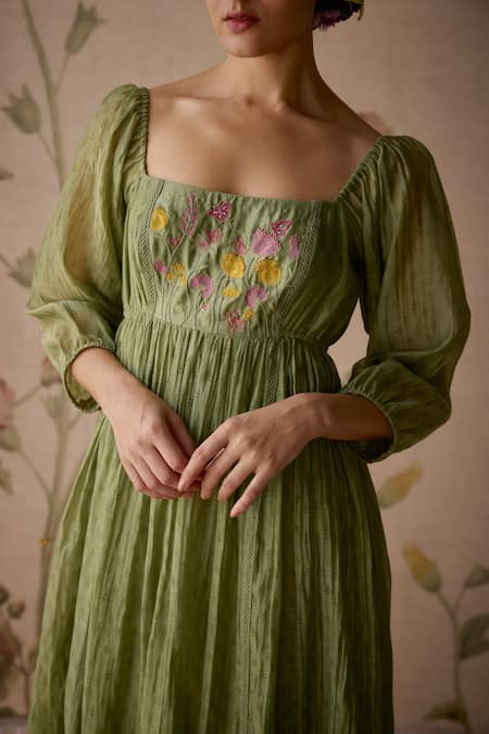 Buy Kritika Dawar Green Chanderi Embroidery Square Neck Floral Hand Yoke Tunic Buy_Kritika Dawar_Green Chanderi Embroidery Square Neck Floral Hand Yoke Tunic