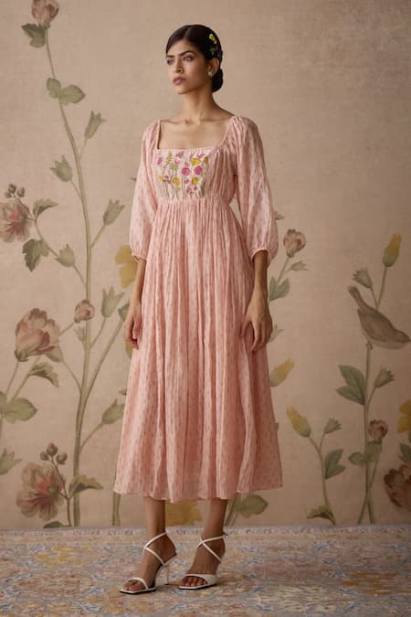 Buy Kritika Dawar Pink Chanderi Embroidery Square Neck Floral Hand Yoke Tunic Online at Aza Fashions Buy_Kritika Dawar_Pink Chanderi Embroidery Square Neck Floral Hand Yoke Tunic _Online_at_Aza_Fashions