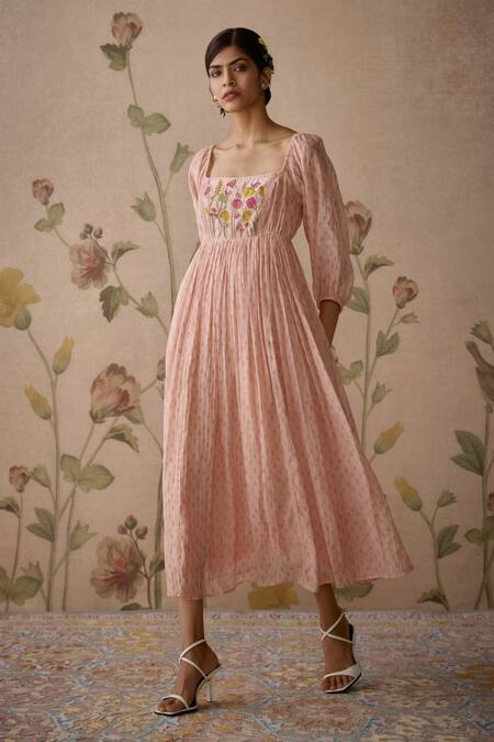 Shop Kritika Dawar Pink Chanderi Embroidery Square Neck Floral Hand Yoke Tunic Online at Aza Fashions Shop_Kritika Dawar_Pink Chanderi Embroidery Square Neck Floral Hand Yoke Tunic _Online_at_Aza_Fashions