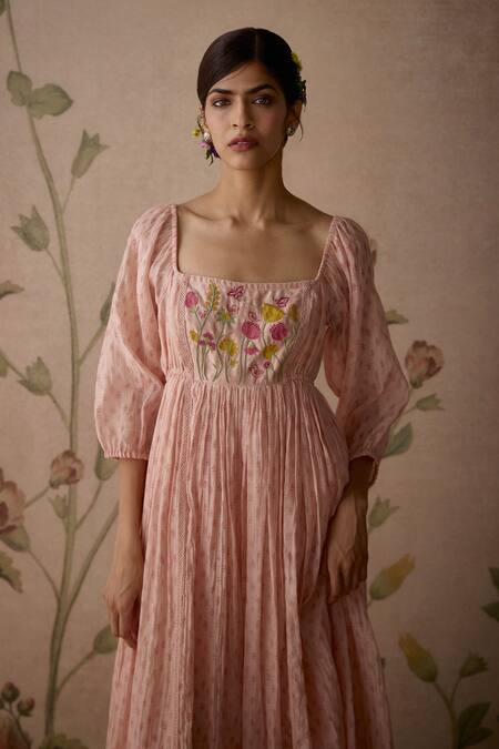 Buy Kritika Dawar Pink Chanderi Embroidery Square Neck Floral Hand Yoke Tunic Buy_Kritika Dawar_Pink Chanderi Embroidery Square Neck Floral Hand Yoke Tunic