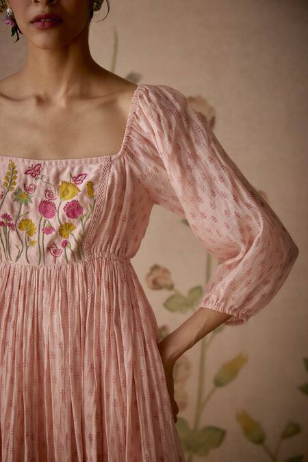 Shop Kritika Dawar Pink Chanderi Embroidery Square Neck Floral Hand Yoke Tunic Shop_Kritika Dawar_Pink Chanderi Embroidery Square Neck Floral Hand Yoke Tunic