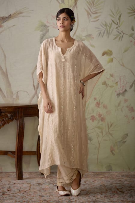 Kritika Dawar Ivory Chanderi, Cotton Embroidery, Lace Split Floral Hand Kaftan And Pant Set Online at Aza Fashions Kritika Dawar_Ivory Chanderi, Cotton Embroidery, Lace Split Floral Hand Kaftan And Pant Set _Online_at_Aza_Fashions