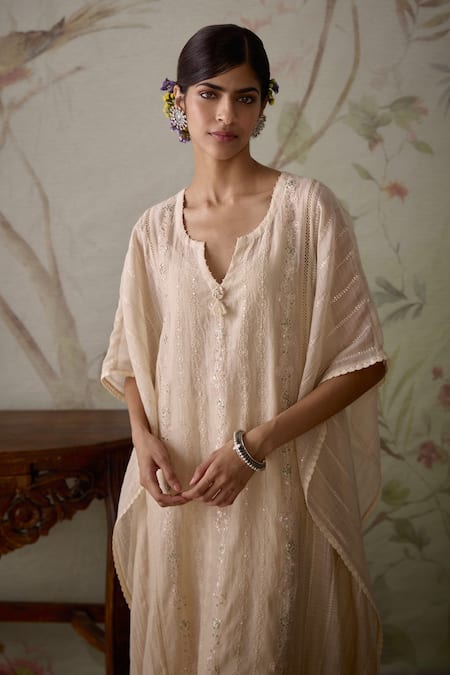 Buy Kritika Dawar Ivory Chanderi, Cotton Embroidery, Lace Split Floral Hand Kaftan And Pant Set Online at Aza Fashions Buy_Kritika Dawar_Ivory Chanderi, Cotton Embroidery, Lace Split Floral Hand Kaftan And Pant Set _Online_at_Aza_Fashions