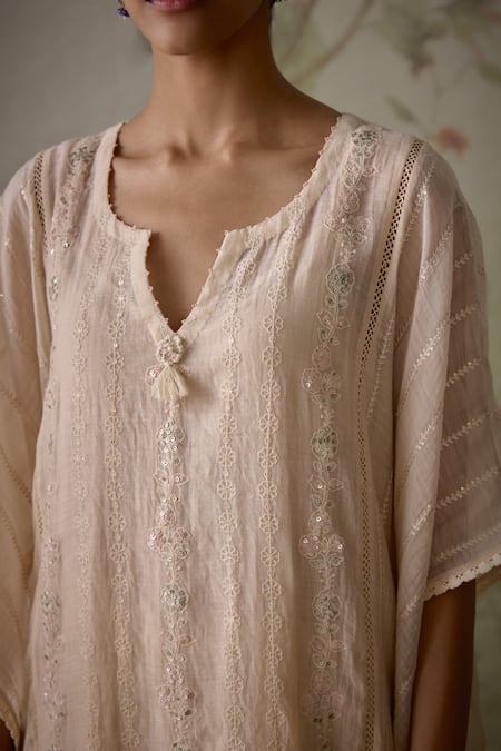 Shop Kritika Dawar Ivory Chanderi, Cotton Embroidery, Lace Split Floral Hand Kaftan And Pant Set Online at Aza Fashions Shop_Kritika Dawar_Ivory Chanderi, Cotton Embroidery, Lace Split Floral Hand Kaftan And Pant Set _Online_at_Aza_Fashions