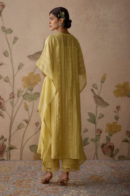 Kritika Dawar Yellow Chanderi, Cotton Embroidery, Lace Split V-neck Hand Kaftan And Pant Set Online at Aza Fashions Kritika Dawar_Yellow Chanderi, Cotton Embroidery, Lace Split V-neck Hand Kaftan And Pant Set _Online_at_Aza_Fashions