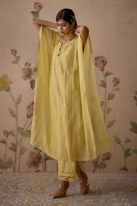 Buy Kritika Dawar Yellow Chanderi, Cotton Embroidery, Lace Split V-neck Hand Kaftan And Pant Set Online at Aza Fashions Buy_Kritika Dawar_Yellow Chanderi, Cotton Embroidery, Lace Split V-neck Hand Kaftan And Pant Set _Online_at_Aza_Fashions