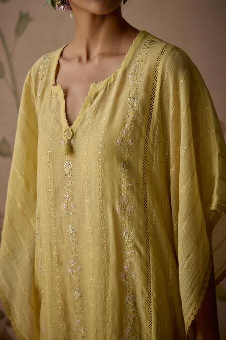 Shop Kritika Dawar Yellow Chanderi, Cotton Embroidery, Lace Split V-neck Hand Kaftan And Pant Set Online at Aza Fashions Shop_Kritika Dawar_Yellow Chanderi, Cotton Embroidery, Lace Split V-neck Hand Kaftan And Pant Set _Online_at_Aza_Fashions