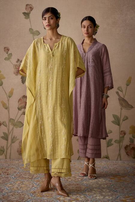 Kritika Dawar Yellow Chanderi, Cotton Embroidery, Lace Split V-neck Hand Kaftan And Pant Set at Aza Fashions Kritika Dawar_Yellow Chanderi, Cotton Embroidery, Lace Split V-neck Hand Kaftan And Pant Set _at_Aza_Fashions