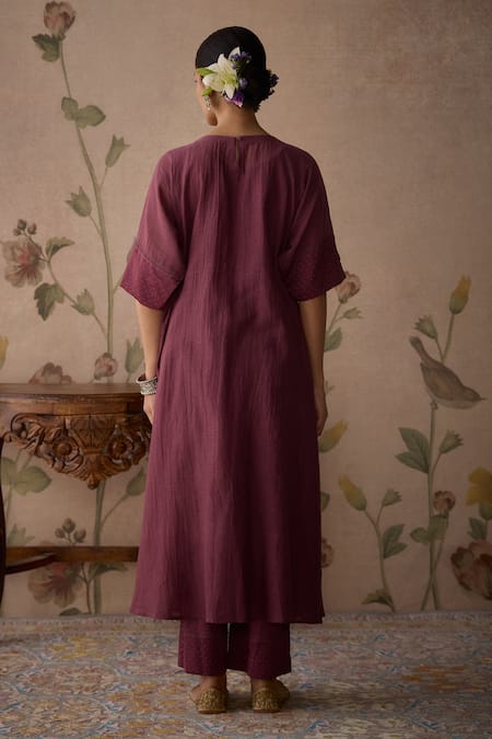 Shop Kritika Dawar Wine Chanderi, Cotton Lace, Embroidery Round Neck Handwoven Tunic And Pant Set at Aza Fashions Shop_Kritika Dawar_Wine Chanderi, Cotton Lace, Embroidery Round Neck Handwoven Tunic And Pant Set _at_Aza_Fashions