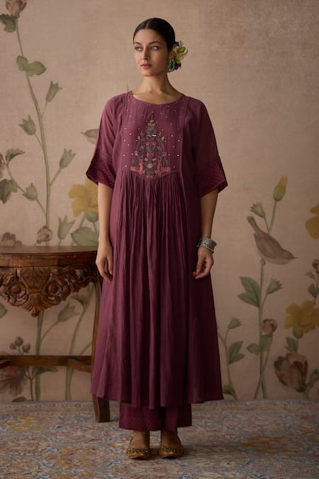 Kritika Dawar Wine Chanderi, Cotton Lace, Embroidery Round Neck Handwoven Tunic And Pant Set Online at Aza Fashions Kritika Dawar_Wine Chanderi, Cotton Lace, Embroidery Round Neck Handwoven Tunic And Pant Set _Online_at_Aza_Fashions