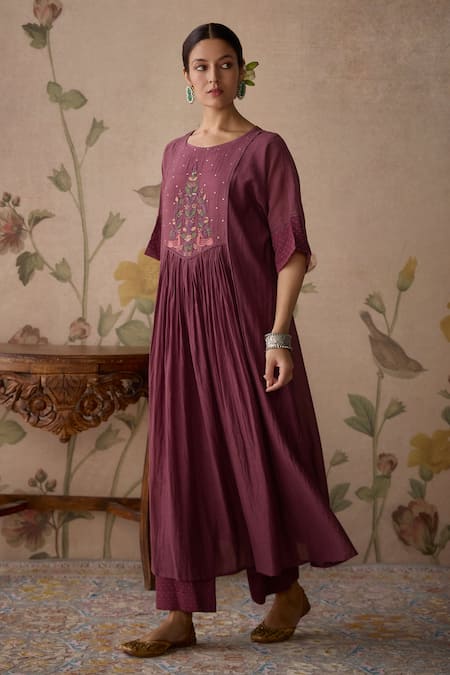Buy Kritika Dawar Wine Chanderi, Cotton Lace, Embroidery Round Neck Handwoven Tunic And Pant Set Online at Aza Fashions Buy_Kritika Dawar_Wine Chanderi, Cotton Lace, Embroidery Round Neck Handwoven Tunic And Pant Set _Online_at_Aza_Fashions