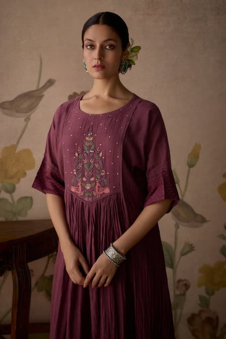 Shop Kritika Dawar Wine Chanderi, Cotton Lace, Embroidery Round Neck Handwoven Tunic And Pant Set Online at Aza Fashions Shop_Kritika Dawar_Wine Chanderi, Cotton Lace, Embroidery Round Neck Handwoven Tunic And Pant Set _Online_at_Aza_Fashions