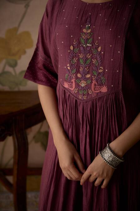 Kritika Dawar Wine Chanderi, Cotton Lace, Embroidery Round Neck Handwoven Tunic And Pant Set at Aza Fashions Kritika Dawar_Wine Chanderi, Cotton Lace, Embroidery Round Neck Handwoven Tunic And Pant Set _at_Aza_Fashions