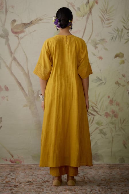 Kritika Dawar Yellow Chanderi, Cotton Lace, Embroidery Handwoven Gathered Tunic And Pant Set Online at Aza Fashions Kritika Dawar_Yellow Chanderi, Cotton Lace, Embroidery Handwoven Gathered Tunic And Pant Set _Online_at_Aza_Fashions