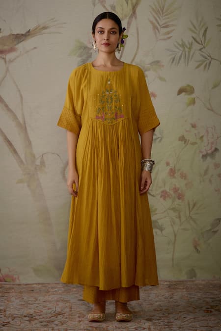 Buy Kritika Dawar Yellow Chanderi, Cotton Lace, Embroidery Handwoven Gathered Tunic And Pant Set Online at Aza Fashions Buy_Kritika Dawar_Yellow Chanderi, Cotton Lace, Embroidery Handwoven Gathered Tunic And Pant Set _Online_at_Aza_Fashions