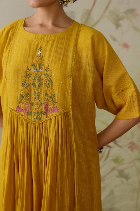 Shop Kritika Dawar Yellow Chanderi, Cotton Lace, Embroidery Handwoven Gathered Tunic And Pant Set Online at Aza Fashions Shop_Kritika Dawar_Yellow Chanderi, Cotton Lace, Embroidery Handwoven Gathered Tunic And Pant Set _Online_at_Aza_Fashions