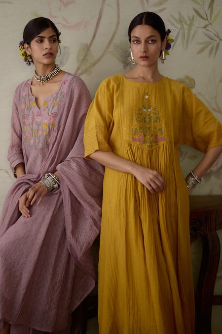 Kritika Dawar Yellow Chanderi, Cotton Lace, Embroidery Handwoven Gathered Tunic And Pant Set at Aza Fashions Kritika Dawar_Yellow Chanderi, Cotton Lace, Embroidery Handwoven Gathered Tunic And Pant Set _at_Aza_Fashions