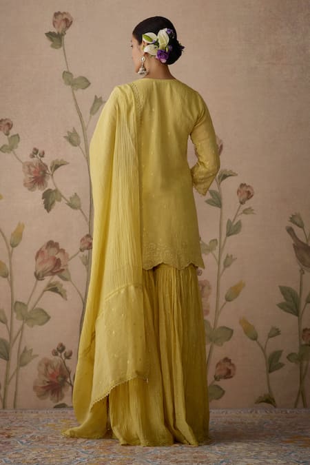 Kritika Dawar_Yellow Chanderi Pearls, Embroidery Keyhole Neck Short Kurta Gharara Set _Online_at_Aza_Fashions
