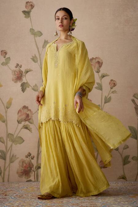 Buy_Kritika Dawar_Yellow Chanderi Pearls, Embroidery Keyhole Neck Short Kurta Gharara Set _Online_at_Aza_Fashions