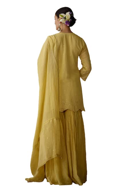 Shop_Kritika Dawar_Yellow Chanderi Pearls, Embroidery Keyhole Neck Short Kurta Gharara Set _Online_at_Aza_Fashions