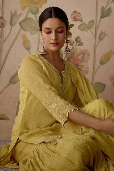 Kritika Dawar_Yellow Chanderi Pearls, Embroidery Keyhole Neck Short Kurta Gharara Set _at_Aza_Fashions