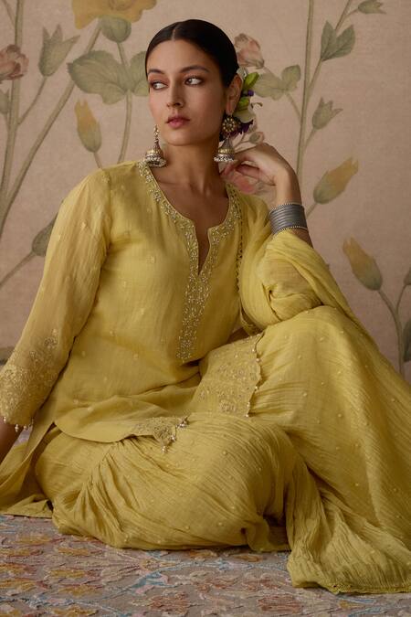 Buy_Kritika Dawar_Yellow Chanderi Pearls, Embroidery Keyhole Neck Short Kurta Gharara Set 