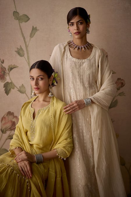 Shop_Kritika Dawar_Yellow Chanderi Pearls, Embroidery Keyhole Neck Short Kurta Gharara Set 