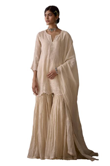 Kritika Dawar Ivory Chanderi Embroidery, Pearls V-neck Floral Short Kurta Gharara Set Online at Aza Fashions Kritika Dawar_Ivory Chanderi Embroidery, Pearls V-neck Floral Short Kurta Gharara Set _Online_at_Aza_Fashions
