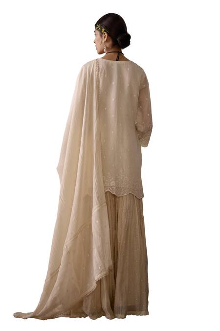 Shop Kritika Dawar Ivory Chanderi Embroidery, Pearls V-neck Floral Short Kurta Gharara Set Online at Aza Fashions Shop_Kritika Dawar_Ivory Chanderi Embroidery, Pearls V-neck Floral Short Kurta Gharara Set _Online_at_Aza_Fashions