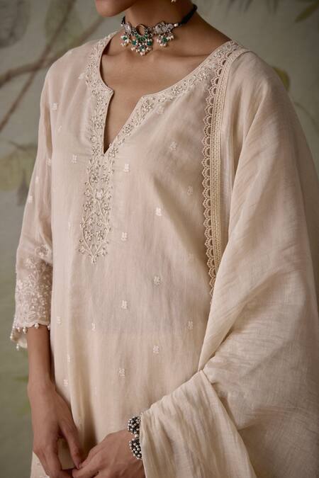 Buy Kritika Dawar Ivory Chanderi Embroidery, Pearls V-neck Floral Short Kurta Gharara Set Buy_Kritika Dawar_Ivory Chanderi Embroidery, Pearls V-neck Floral Short Kurta Gharara Set