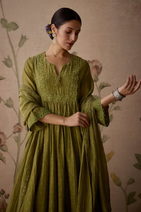 Buy Kritika Dawar Green Chanderi, Cotton Lace, Beads Split V-neck A-line Kurta Set Online at Aza Fashions Buy_Kritika Dawar_Green Chanderi, Cotton Lace, Beads Split V-neck A-line Kurta Set _Online_at_Aza_Fashions