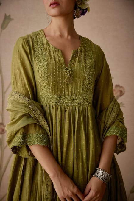 Shop Kritika Dawar Green Chanderi, Cotton Lace, Beads Split V-neck A-line Kurta Set Online at Aza Fashions Shop_Kritika Dawar_Green Chanderi, Cotton Lace, Beads Split V-neck A-line Kurta Set _Online_at_Aza_Fashions